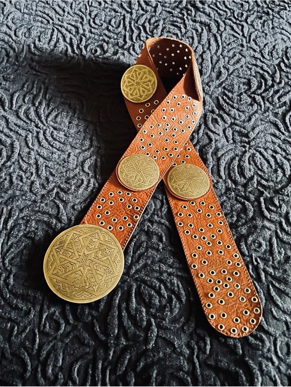 Vintage Moroccan Concho Belt w/Antique Gold Medallions, Adjustable, Handmade